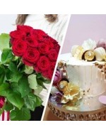 Combination of roses and other gifts like cakes, drinks, balloons